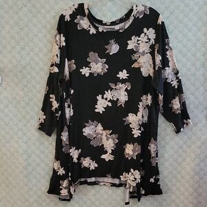 LOGO Black Cream Grey Floral 3/4 Sleeve Tunic Size 1X